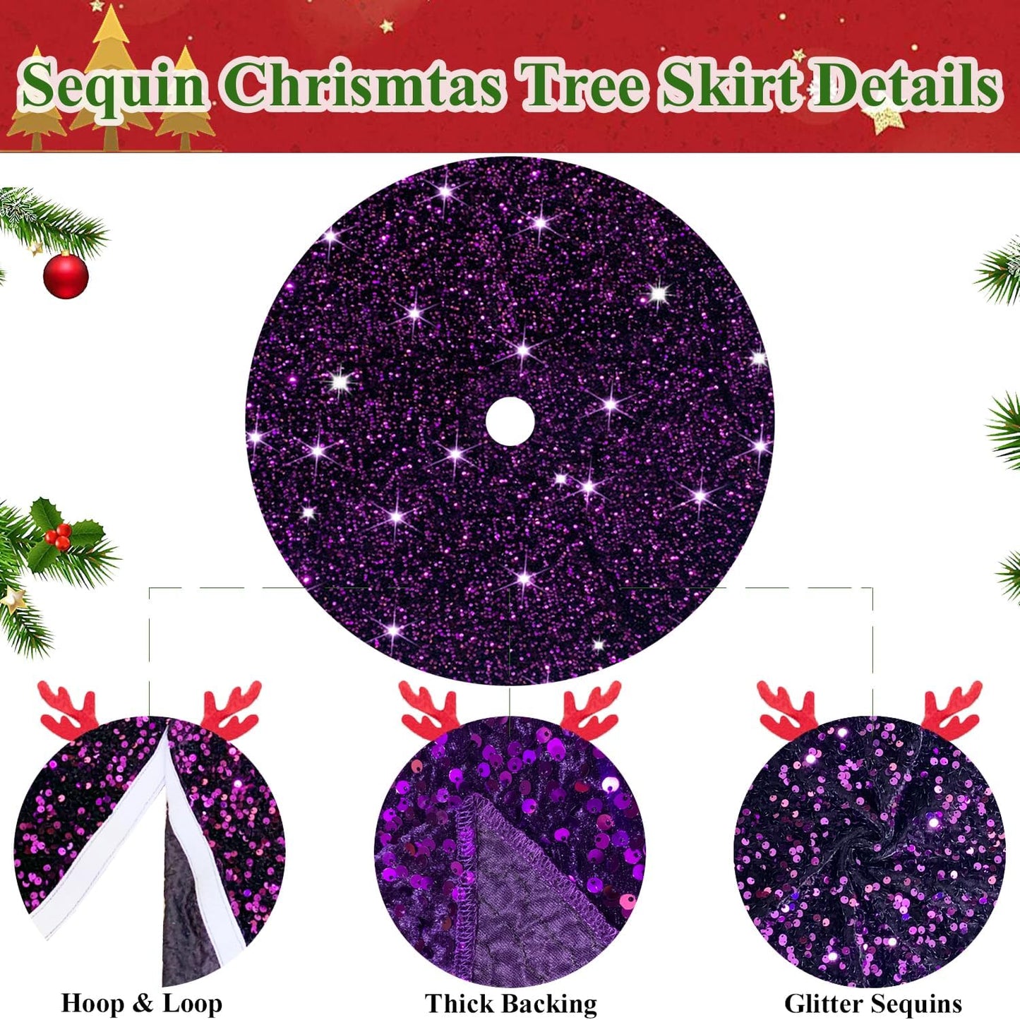MODFUNS Purple Xmas Tree Skirt Sequin Christmas Tree Skirt 60 Inch Velvet Tree Mats Glitter Fabric Large Tree Skirts for Christmas Tree Base Cover Halloween Party Tree Skirt for Christmas Day Holiday