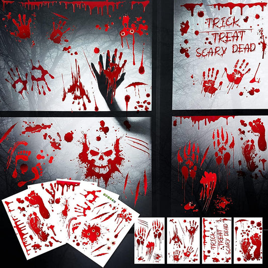 MSQ 95 Pcs Bloody Window Stickers - Removable Handprint Footprint Decals Floor Clings for Halloween Party Decorations - 9 Sheets Horror Window Stickers