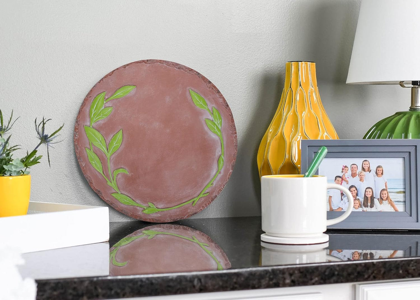 NAT & Jules Floral Laurel Wreath Leaves Pattern Dimensional Indoor Outdoor 12 inch Round Cast Resin Decorative Garden Stepping Stone, Patio, Walkway Sculpture Yard Art, Green