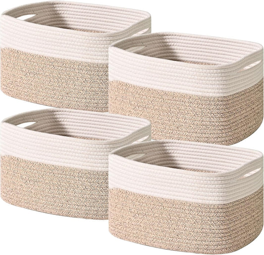 Storage Baskets for Shelves, Woven Storage Basket, Bins for Cube Storage, Cotton Rope Basket with Handles for Toy, Book, and Clothes Living Room, (4 Packs) Off White & Brown