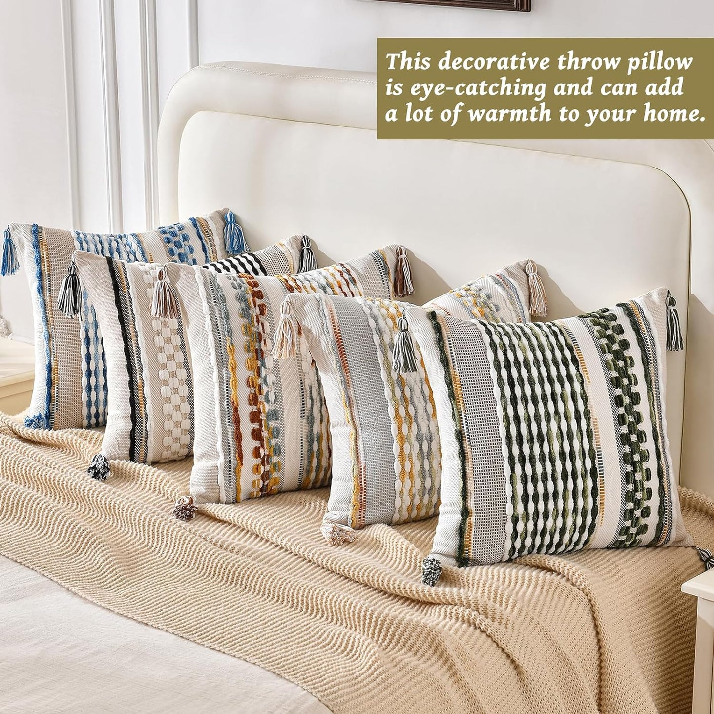 AmHoo Set of 2 Chenille Striped Textured Boho Throw Pillow Covers Aesthetic with Tassels Woven Decorative Pillow Case for Couch Bed Sofa Bedroom Modern Funky 18 x 18-Inch Grey