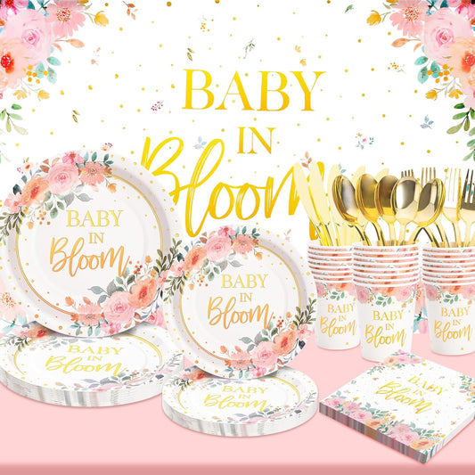 169 Pcs Baby in Bloom Baby Shower Decorations for Girl , Its a Girl Baby Shower Plates and Cups and Napkins Sets, Pink Floral Plates Serves 24, Spring Summer