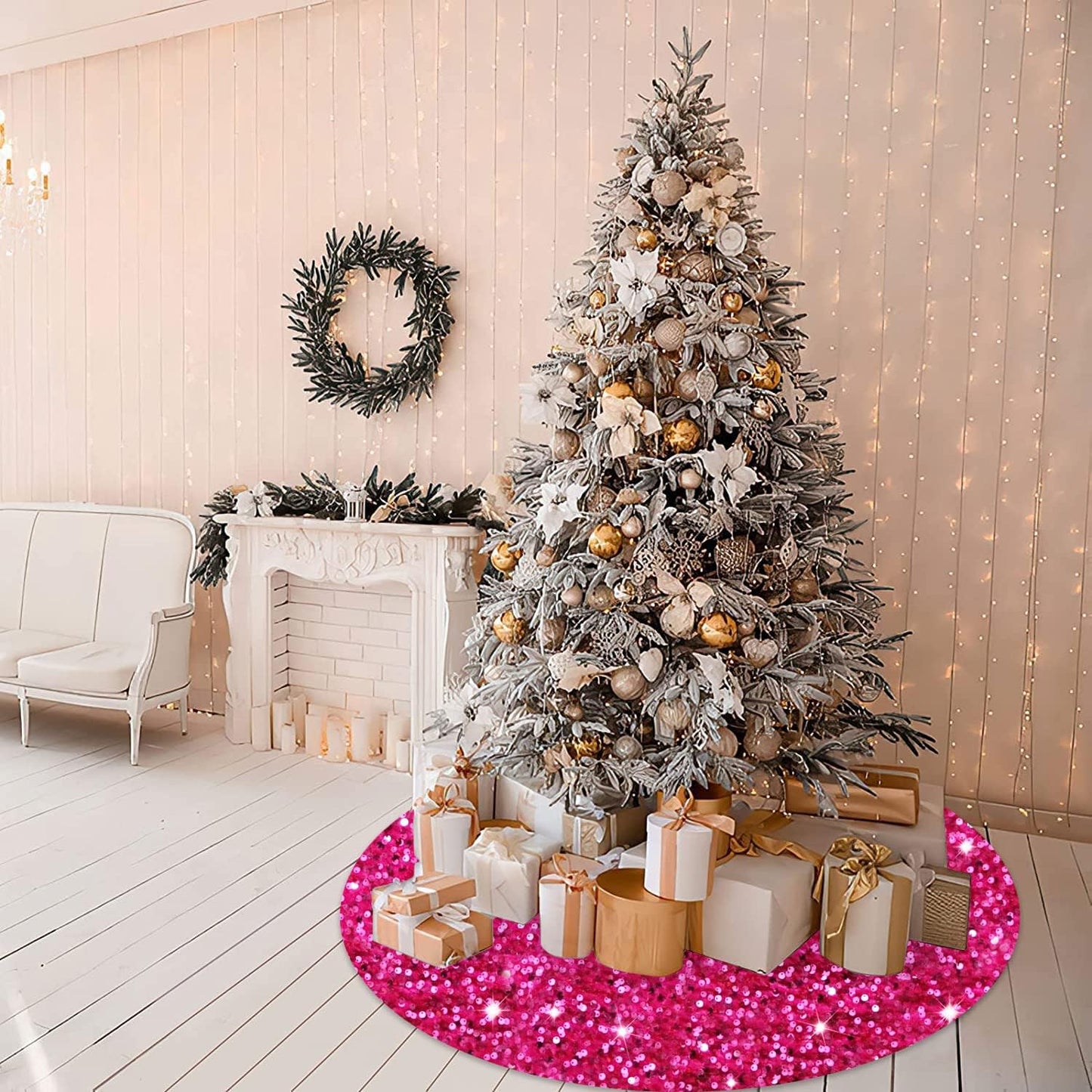 MODFUNS Hot Pink Sequin Christmas Tree Skirt 48 Inches Sparkly Tree Skirt Large Velvet Xmas Tree Mat Shiny Christmas Tree Covers Luxury Xmas Tree Skirt Christmas Day Home Artificial Tree Blanket