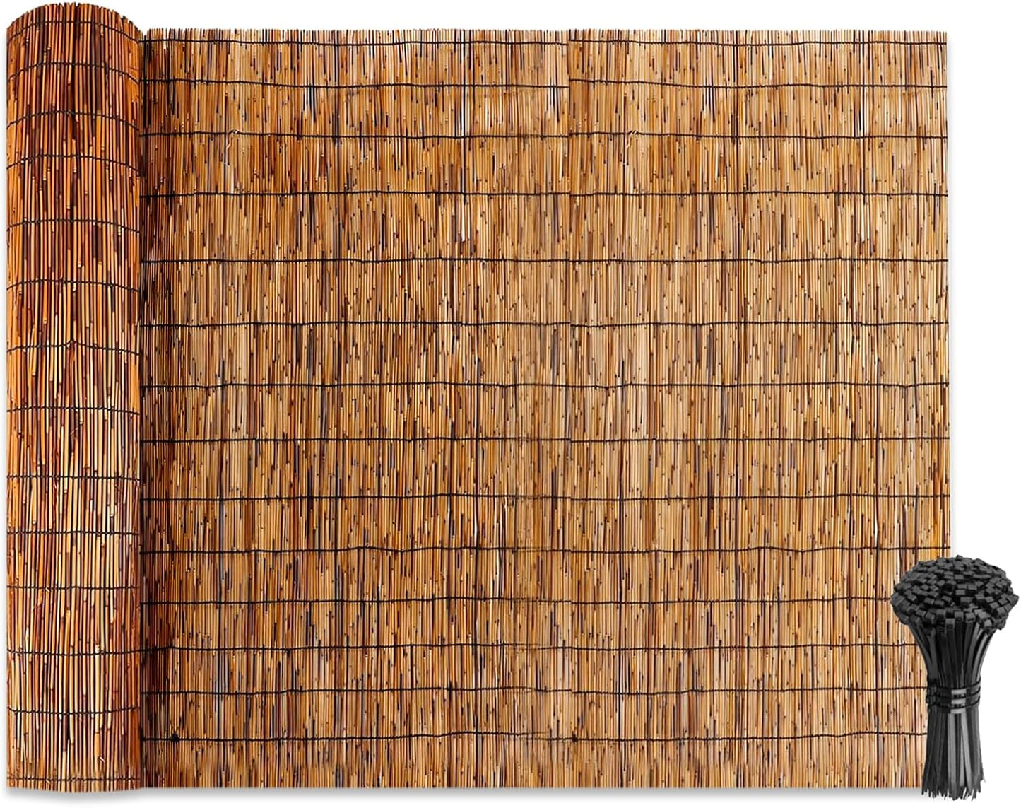 Natural Reed Fencing Rolls: Privacy Bamboo Fence 3/4/5/6ft High Roll Reed Screen, Decorative Bamboo Fencing for Outdoor Balcony Patio Garden Backyard,with Cable Zip Ties(Coffee, 2.6x6.6ft)