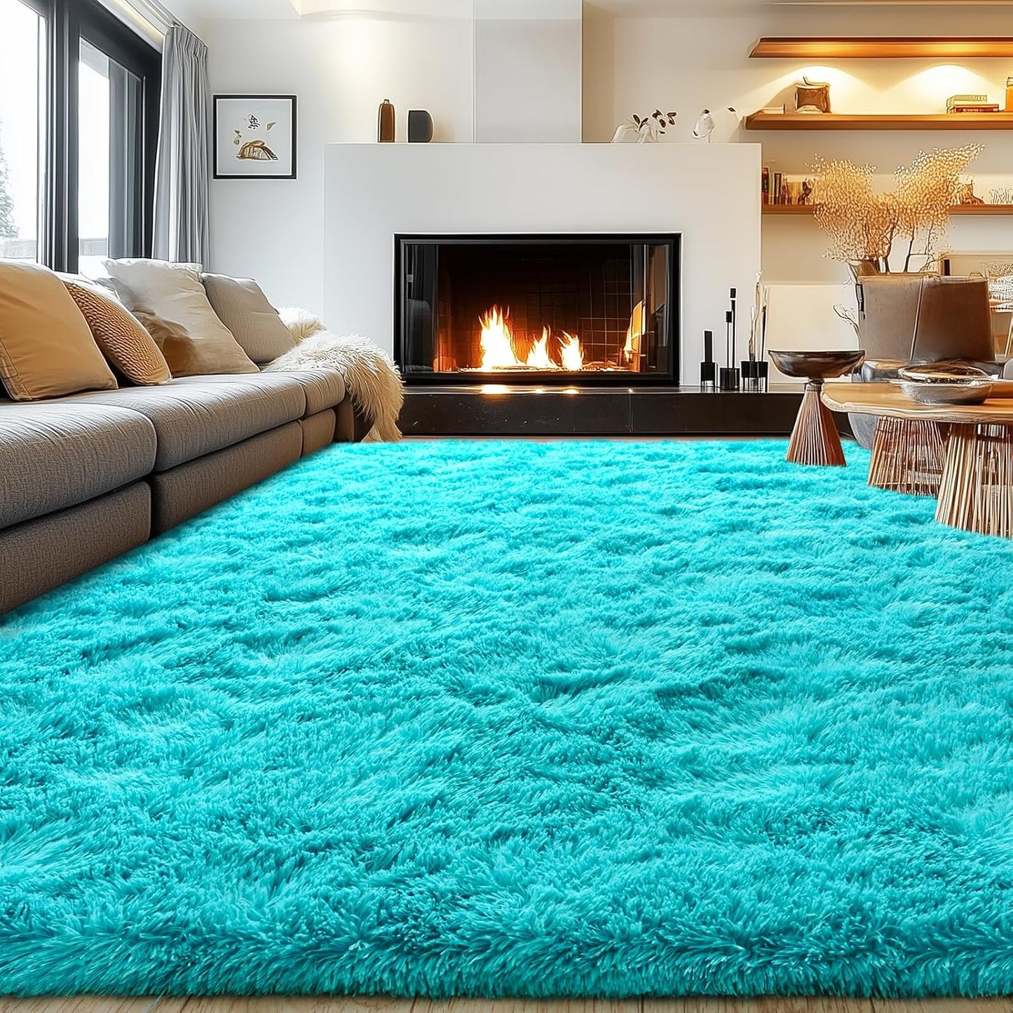Rezutan Soft Fluffy Rug for Living Room Bedroom,Comfy Modern Large Shaggy Fuzzy for Kids Rug, Plush Indoor Nursery Classroom Home Decor Bedside with Non-Slip Bottom, Teal Blue, 8 X 10 Feet