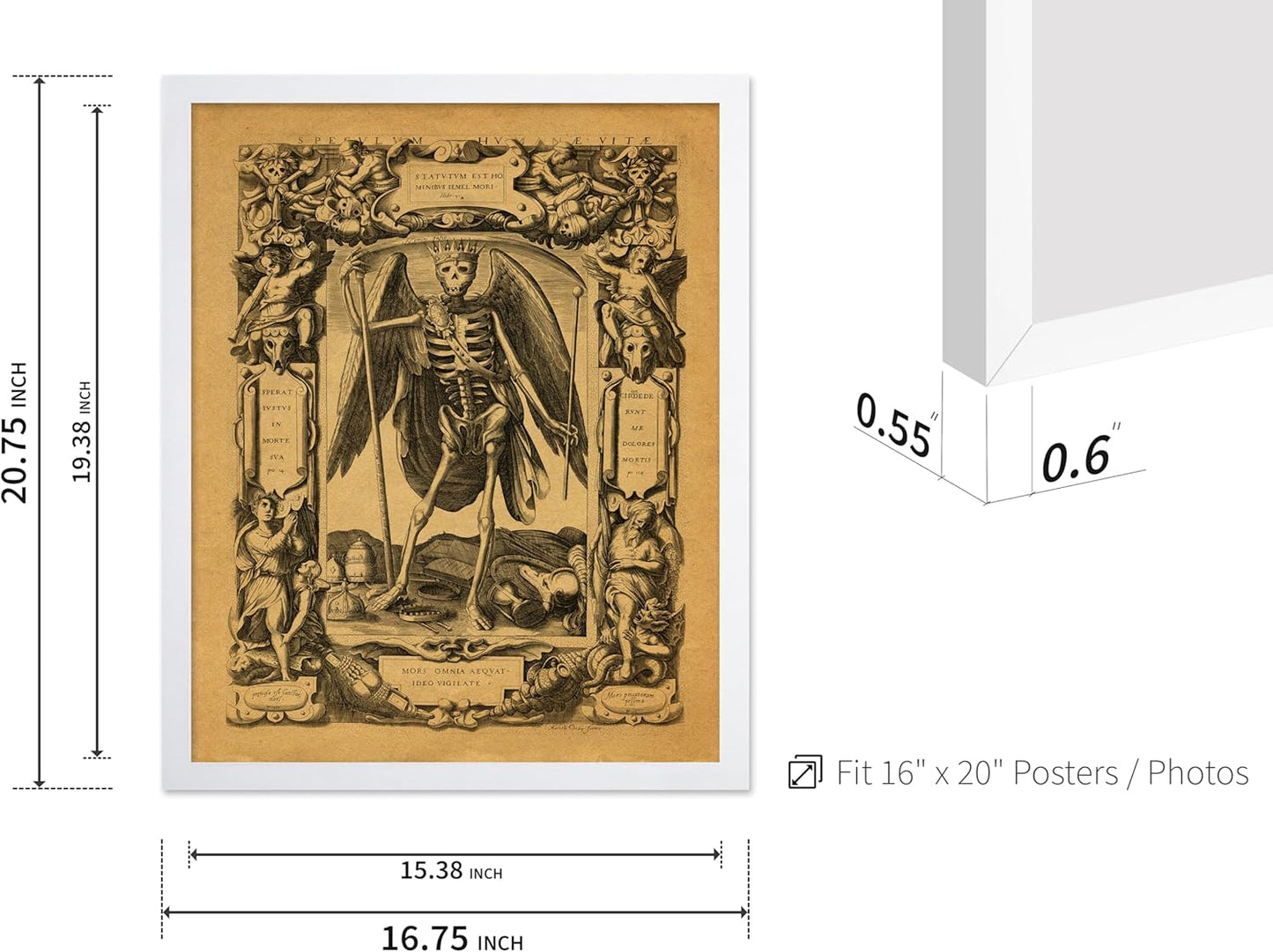 Poster Master Vintage Medieval Poster - Retro Gothic Print - Gift for Artist, Friend - Angel of Death, Memento Mori, Life, Skeleton, Dark - Wall Decor for Home, Living Room, 16x20 White Framed