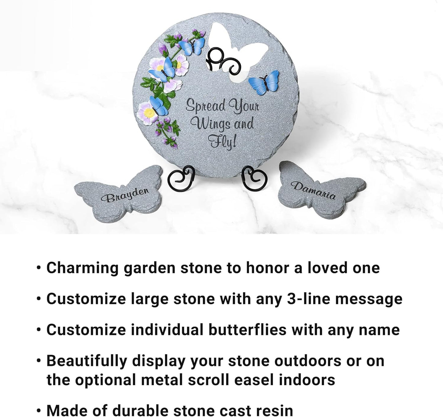 Let's Make Memories Personalized Garden Décor - Custom Garden Stone - Indoor/Outdoor - for Mom or Grandma - for Her - Engraved - Butterfly Cutout - Durable Resin - Large Round Stone