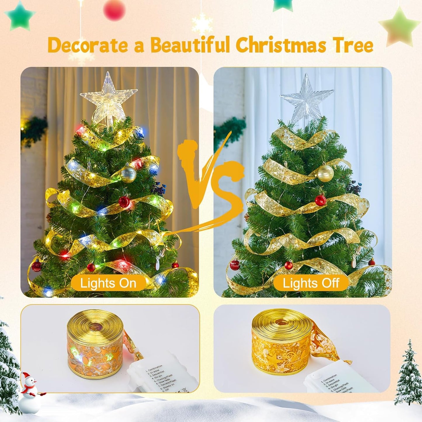 2 Pack Christmas Tree String Lights - 33ft 100 LED Battery Powered Fairy Lights with Timer and 8 Lighting Modes, Gold Ribbon Bows Lights for 6ft - 8ft Christmas Tree Decor, Multi-color