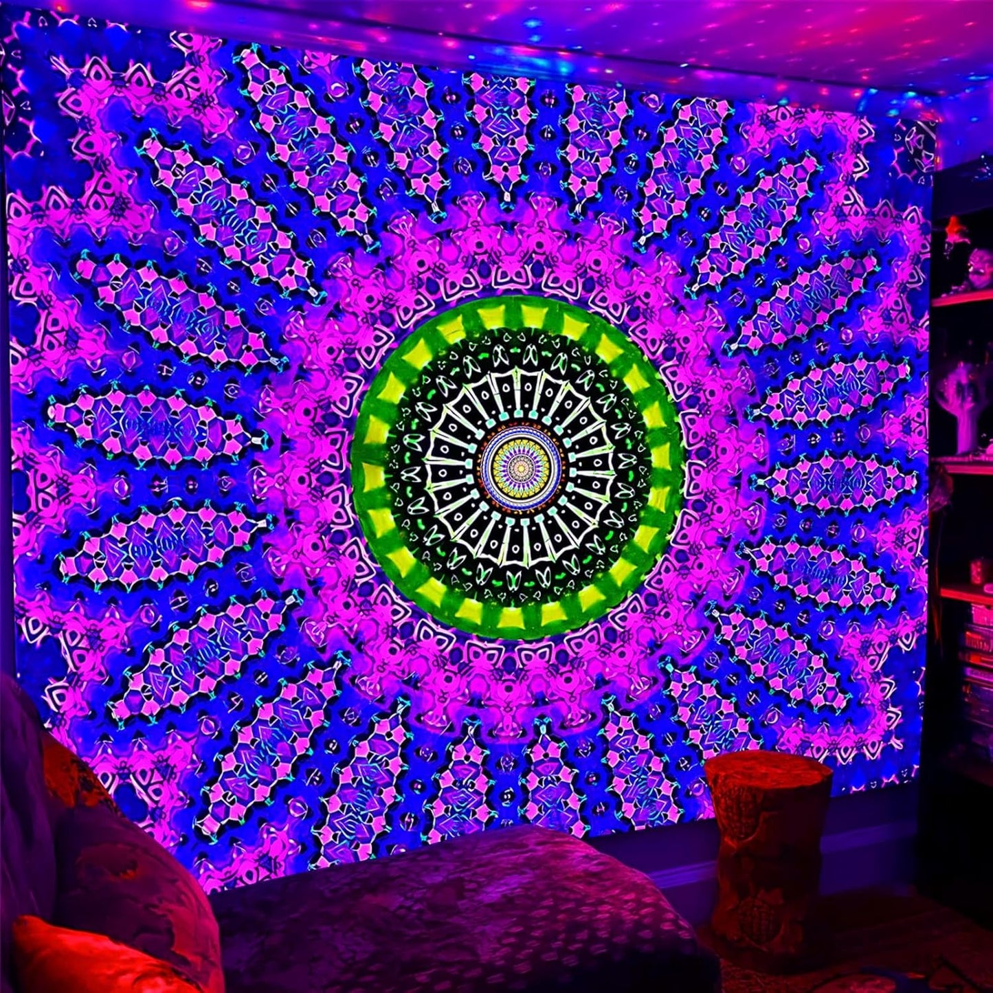 PSYHILAR Blacklight Mandala Tapestry for Bedroom, Large Black Light Posters for Adults and Teens, Red UV Reactive Aesthetic Bohemian Wall Art Decor (80 x 60 Inches)
