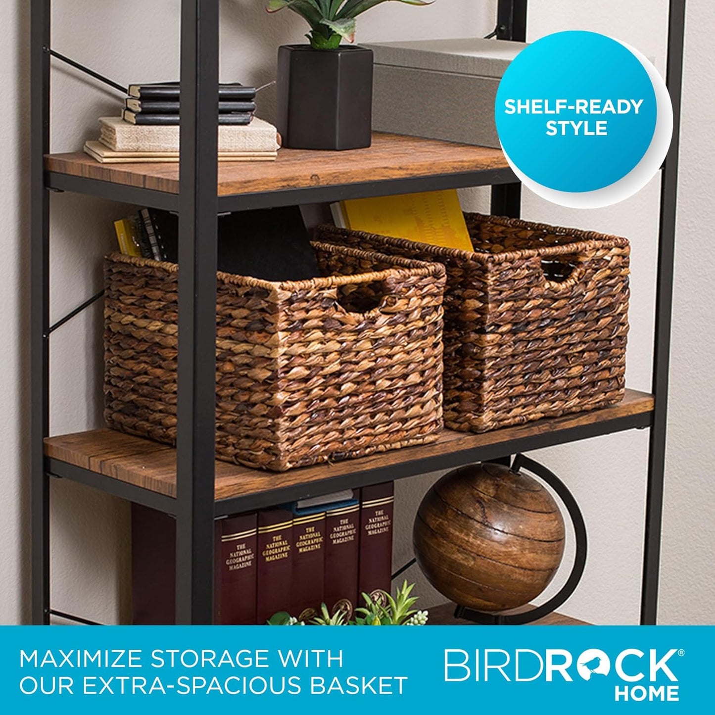 BIRDROCK HOME Woven Storage Shelf Organizer Baskets with Handles - Set of 3 - Abaca Wicker Basket - Pantry Living Room Office Bathroom Shelves Organization - Under Shelf Basket - Handwoven (Espresso)