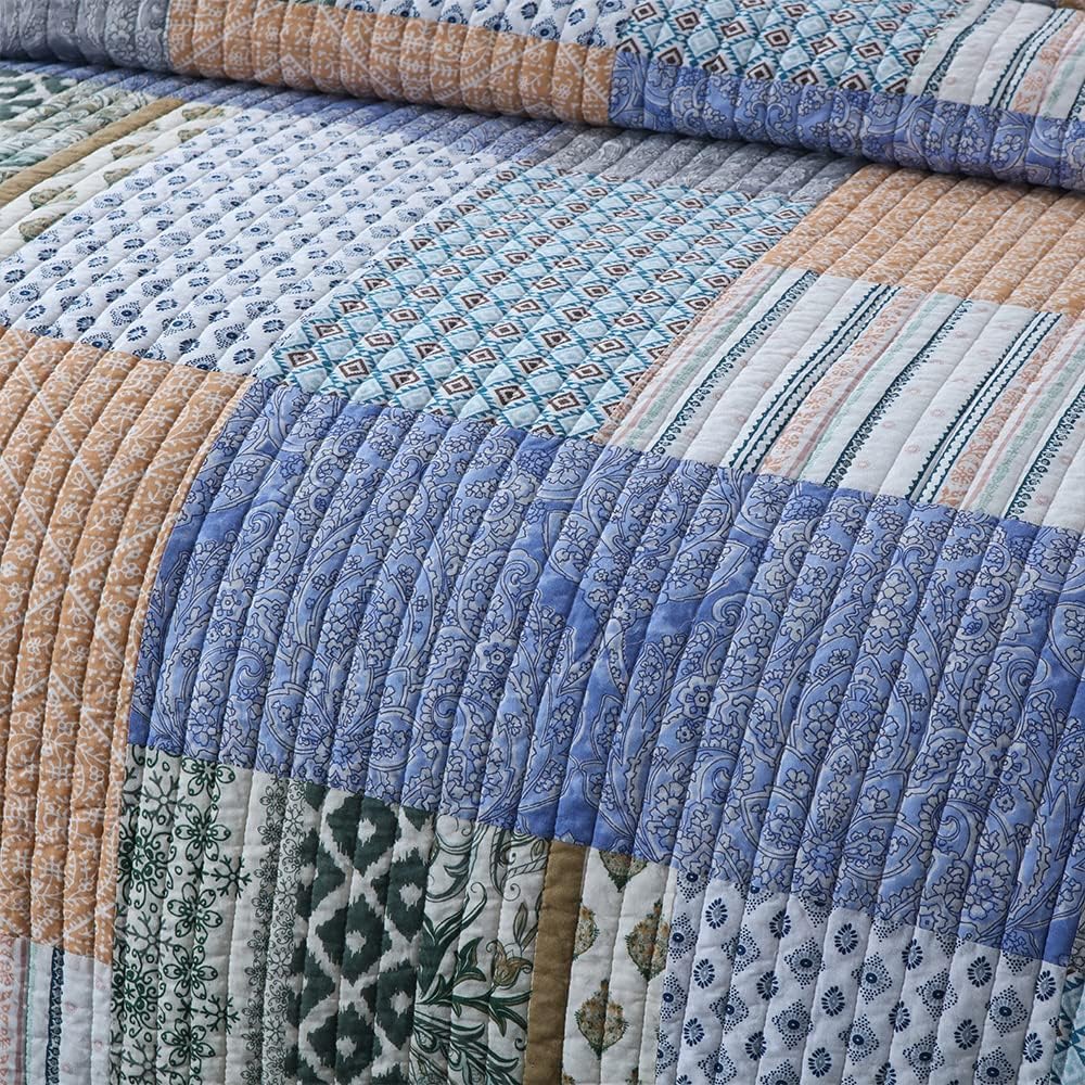 Cotton Bedspread Quilt Sets 3 Pieces Reversible Coverlet Sets Comforters Blue Bohemian Paisley Patchwork Bedspread, King Size