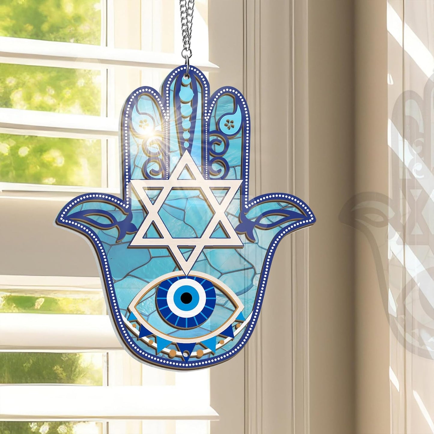 FLAGWIX Hanukkah Gifts for Men, Women - Christmas, Birthday Gifts for Mom, Friends, Hamsa Hand Home Decor, Good Luck, Spiritual, Housewarming Gift Ideas - Single Window Suncatcher Hanging Decorations