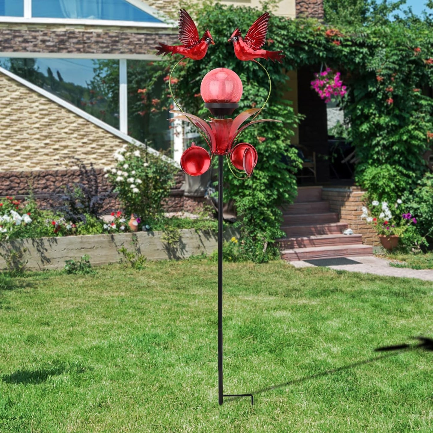 VCUTEKA Cardinal Solar Lights Outdoor Metal Garden Stake Waterproof Crackle Glass Globe Garden Decor Cardinal for Pathway, Lawn, Patio, Yard