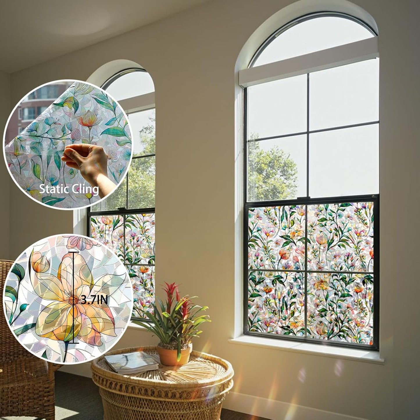 Rainbow Window Privacy Film 3D Floral Decorative Stained Glass Window Film Anti UV Non-Adhesive Reusable 17.5" x 157.4" for Home Room Car Glass Cling