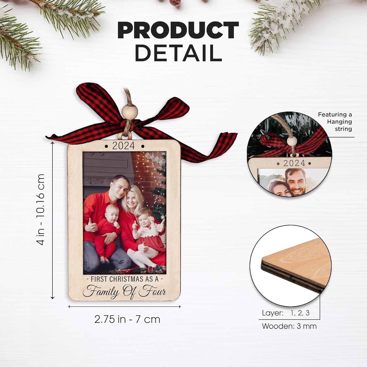 Christmas Photo Frame Ornament, 2025 Ornament, Wooden Picture Frame Ornaments With Hanging String (Family of Four)