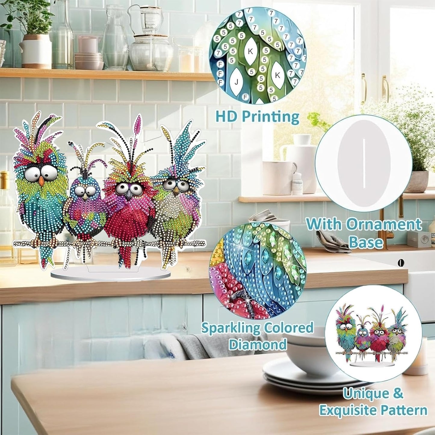 Diamond Painting Kits for Adults Beginners, 5D Full Drill Birds Crystal Art Desktop Ornament, DIY Single Sided Home Office Desk Decor, Creative Craft Gift Set with Tools