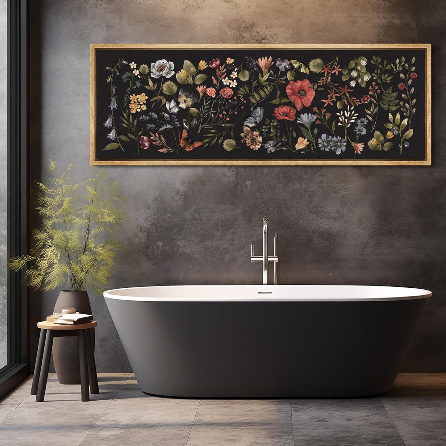 MUDECOR Large Framed Canvas Print Wall Art Midnight Garden Vintage Floral Illustrations Antique Retro Fine Art Illustrations Decorative Colorful for Bedroom - 60"x20"