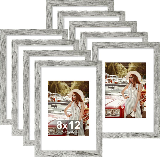 Vittanly 8x12 Picture Frames Set of 9, Shatter Resistant Plexiglass, Display 6x8 Pictures with Mat or 8x12 without Mat, Photo Frames for Wall or Tabletop, Engineered Wood, Grey