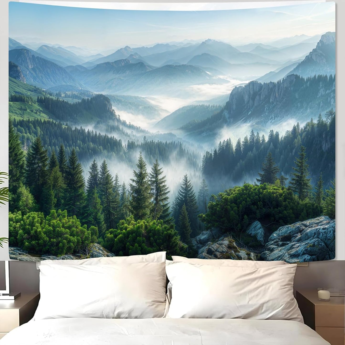 AMM Nature Forest Mountain Tapestry Green Misty Pine Tree Tapestry for Bedroom Aesthetic Foggy Woodlands Sky Landscape Tapestries Wall Hanging for Living Room Dorm 60 x 44 Inch