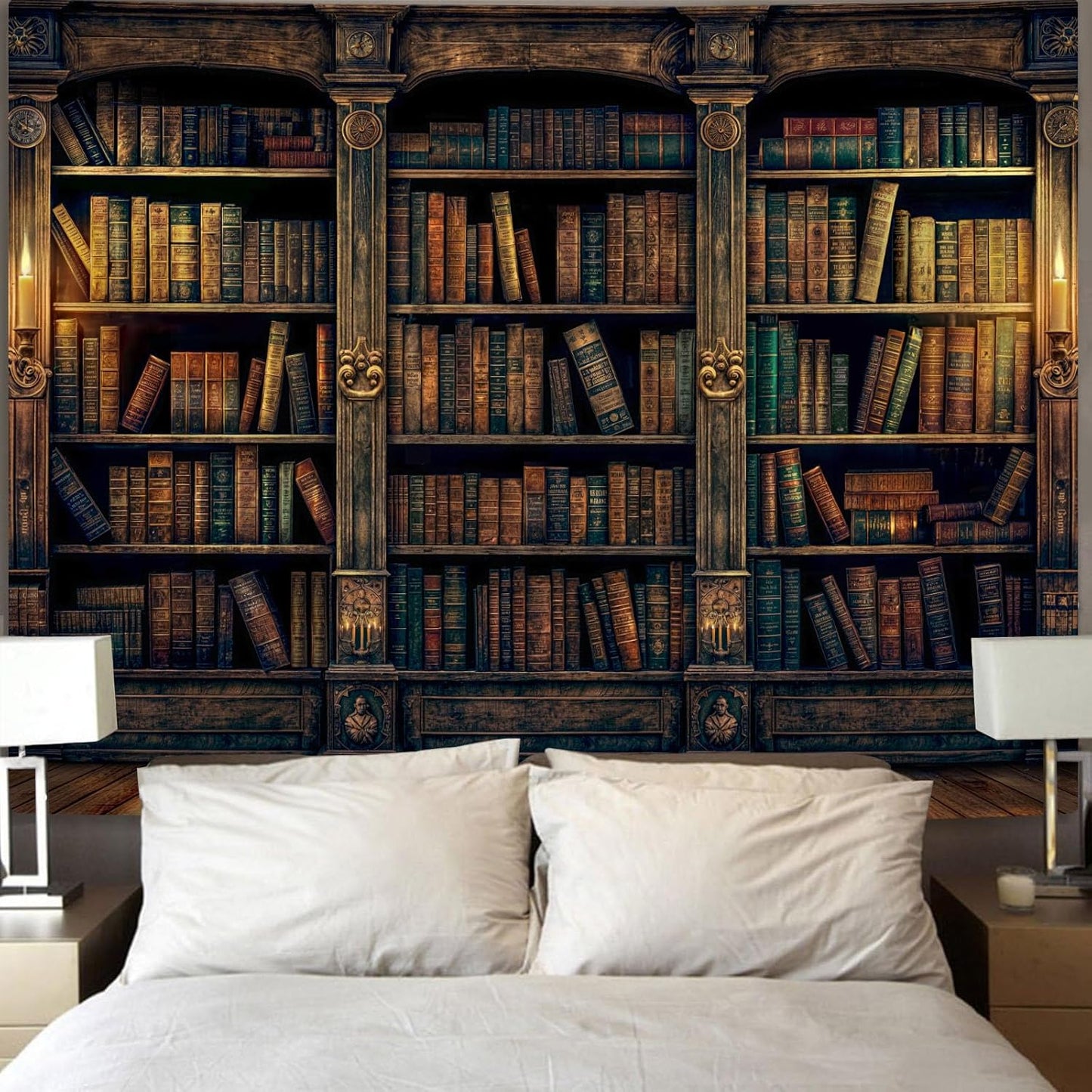 YEXIT Retro Bookshelf Wall Tapestry, Vintage Books Study Library Tapestries for College Dorm Bedroom Magic Caslte Backdrop 60×80 inch