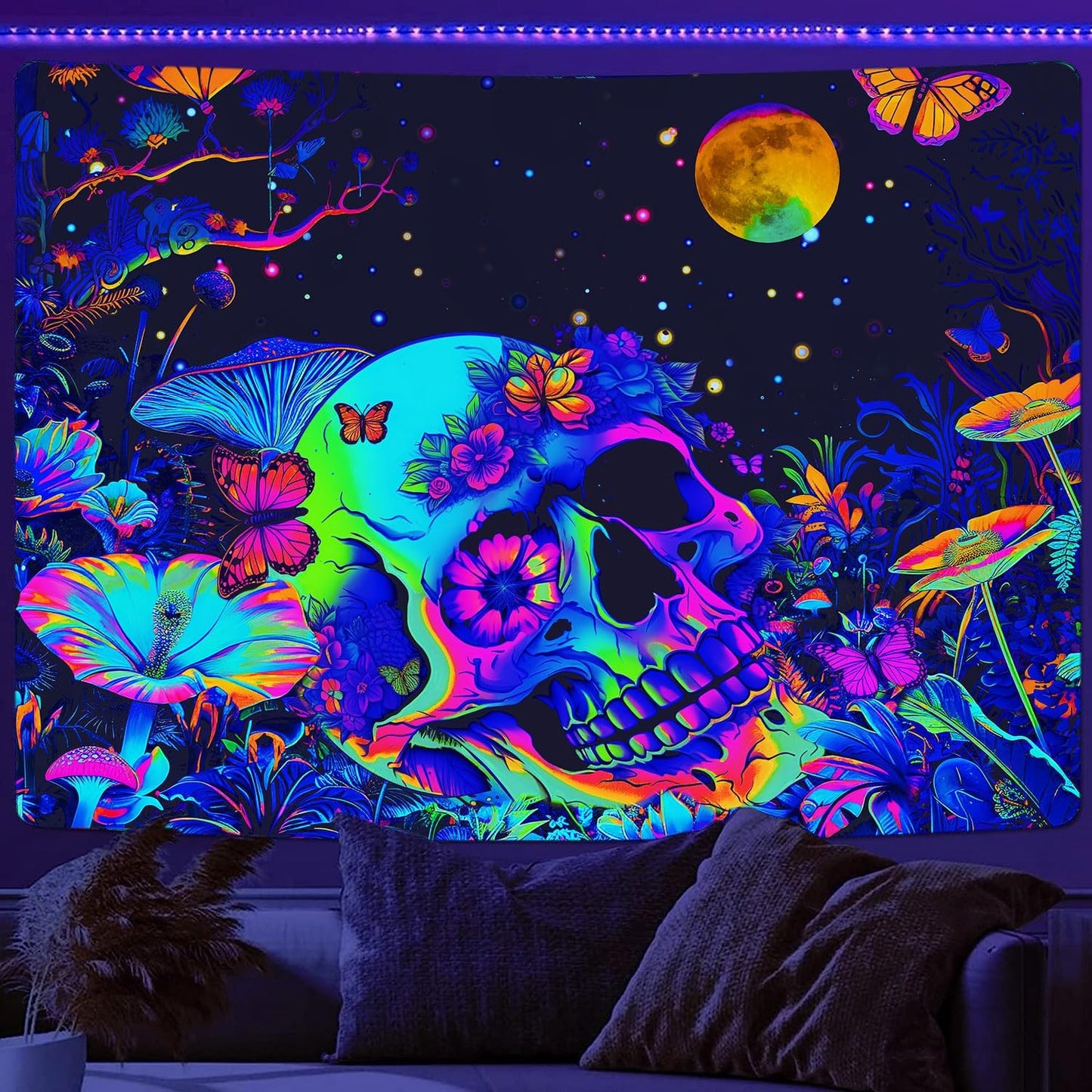 Xiaoput Blacklight Skull Skeleton Tapestry for Bedroom, Floral UV Mushroom Plants Reactive Tapestry, Glow in the Dark Black Light Poster, 90x70IN