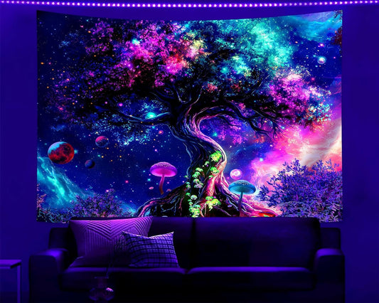 dueeia Blacklight Tree Life Tapestry Wall Hanging Fantasy Black Light Glow in the Dark Uv Mushroom Tapestries for Bedroom Aesthetic Living Room Wall Decor (90.6"x70.9")