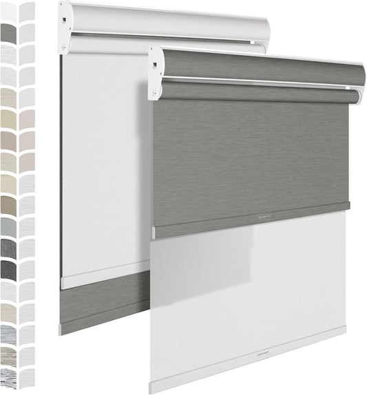 Berissa Cordless Dual Roller Shades With Cassette Valance, Blackout and 5% Light Filtering, Day and Night Shades for Home Office. Striped Jacquard Grey & White. Custom Sizes