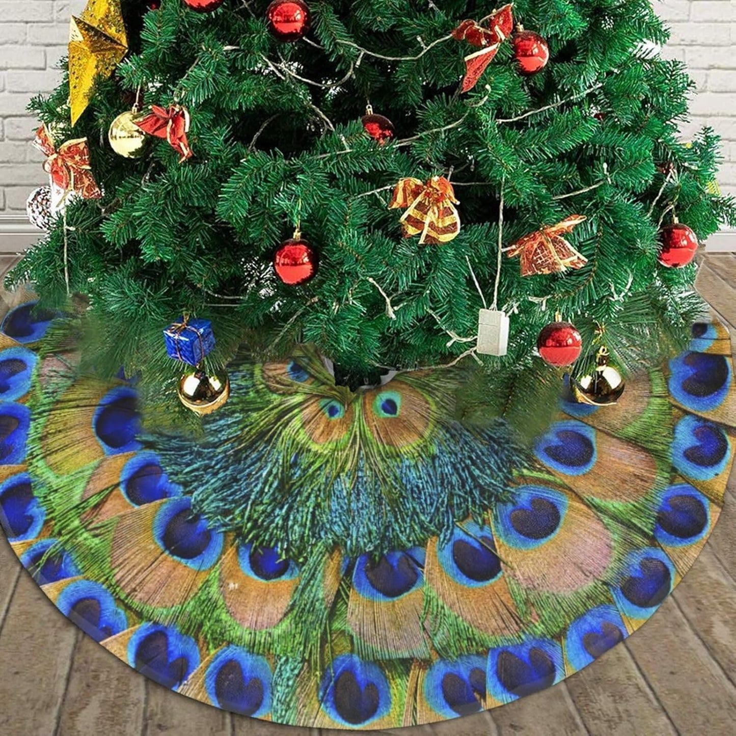 Christmas Tree Skirt,Peacock Feathers Circle Xmas Tree Skirt Rustic Farmhouse Tree Skirt for Christmas Decor Xmas Holiday Home Party Decorations30