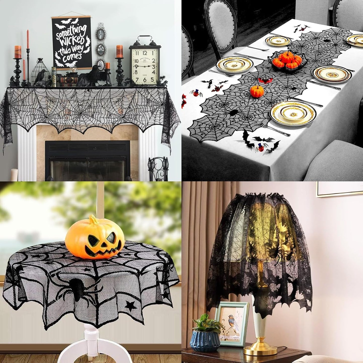 5Pack Halloween Decorations Indoor Halloween Decor Black Lace Table Runner Fireplace Mantel Scarf Round Tablecloth Cobweb Lampshade with 32 Pcs 3D Bat Wall Stickers