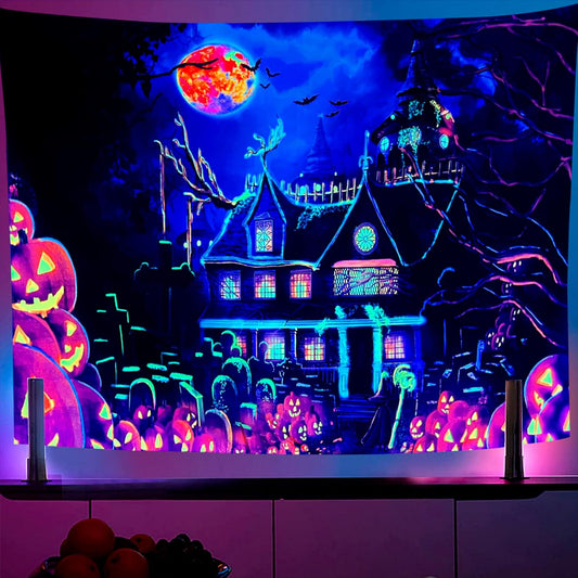 OSVINO Blacklight Halloween Castle Tapestry 90"x70" Pumpkins Bats Crosses Backdrop Bedroom Aesthetic Hippie Room Decor Glow in The Dark Wall Poster for Halloween Easter