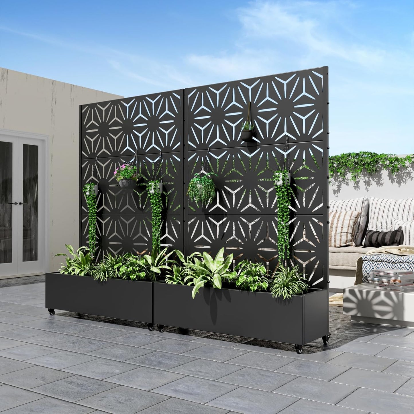 Casaphoria Metal Raised Garden Bed with Trellis and Wheels, 72"x47"x16" Planter Box for Climbing Plants, Vegetables & Vines, Features Drainage Holes and Privacy Screen (Black-Star)