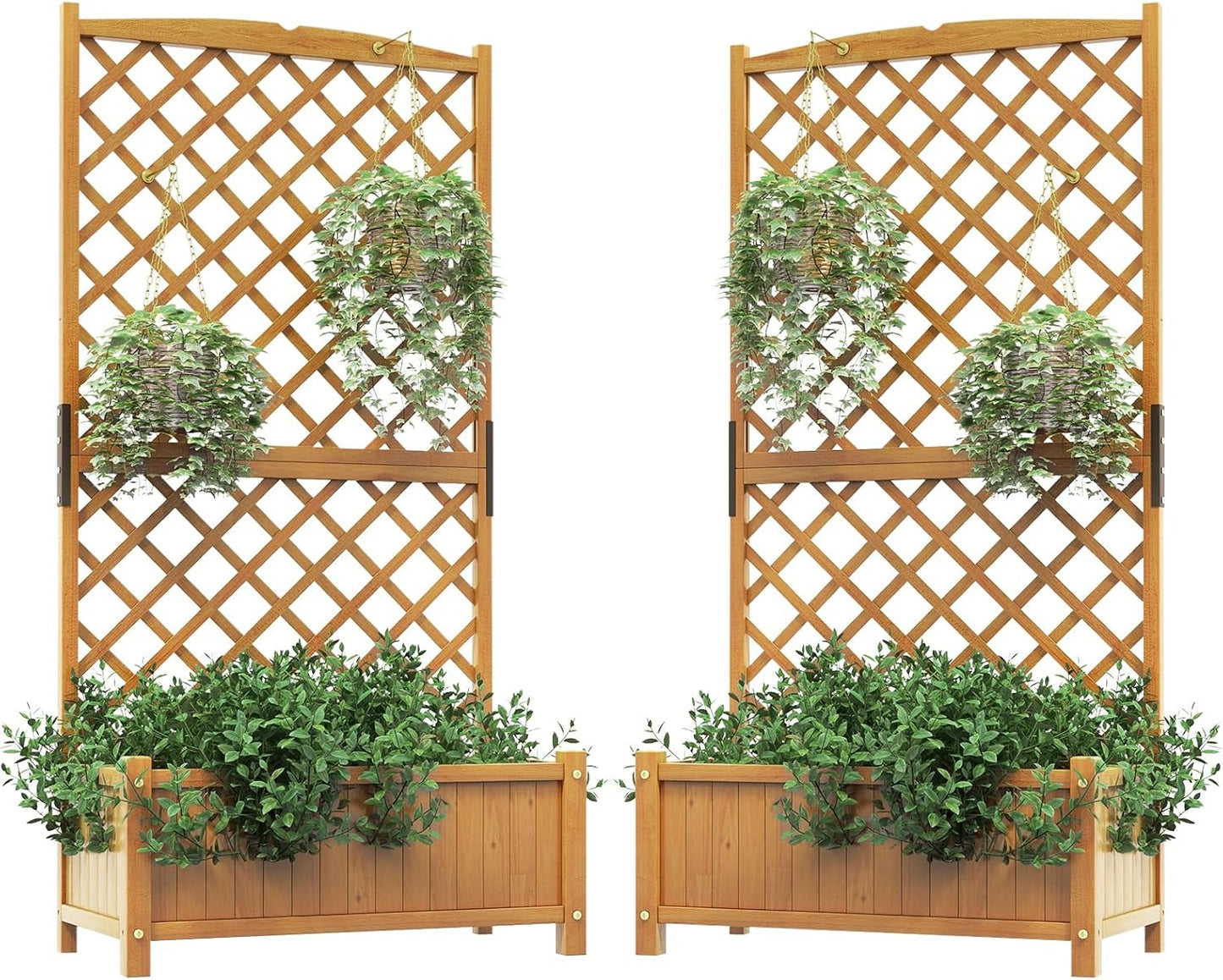 HAPPYGRILL 2 Pcs Raised Garden Bed, 71" Garden Planter with Trellis, Drainage Holes, Freestanding Garden Planter for Vine Climbing Plants, Wooden Planter Box for Yard Balcony (Yellow)