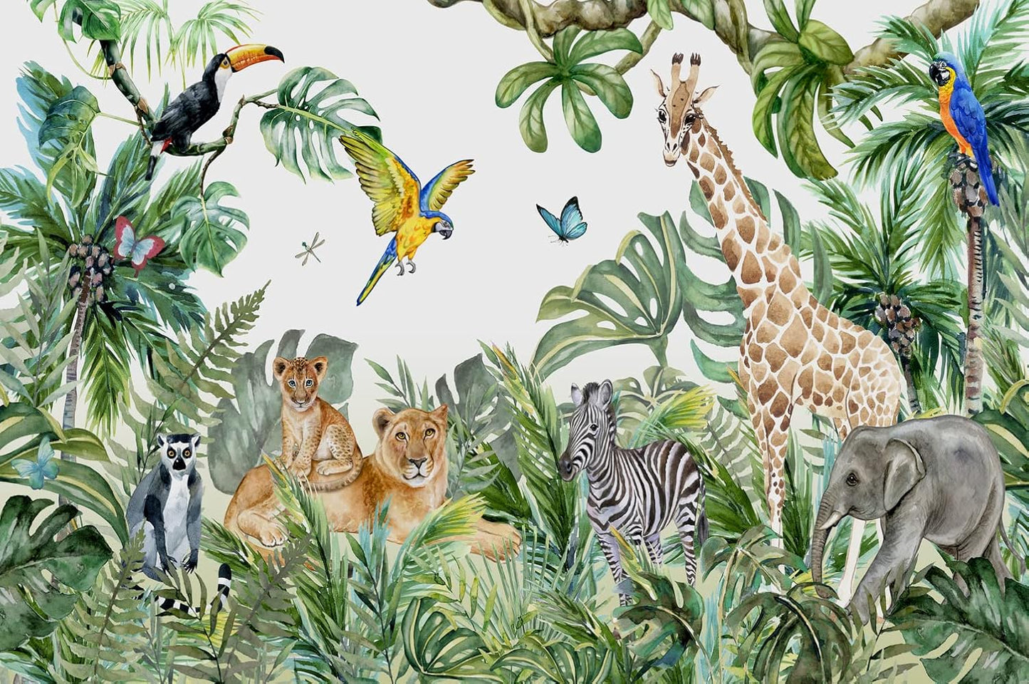 Safari Wallpaper for Children with Animals Jungle Wall Mural Watercolor Animals Nursery Wallpaper Kids Room Decor(Not Peel n' Stick)