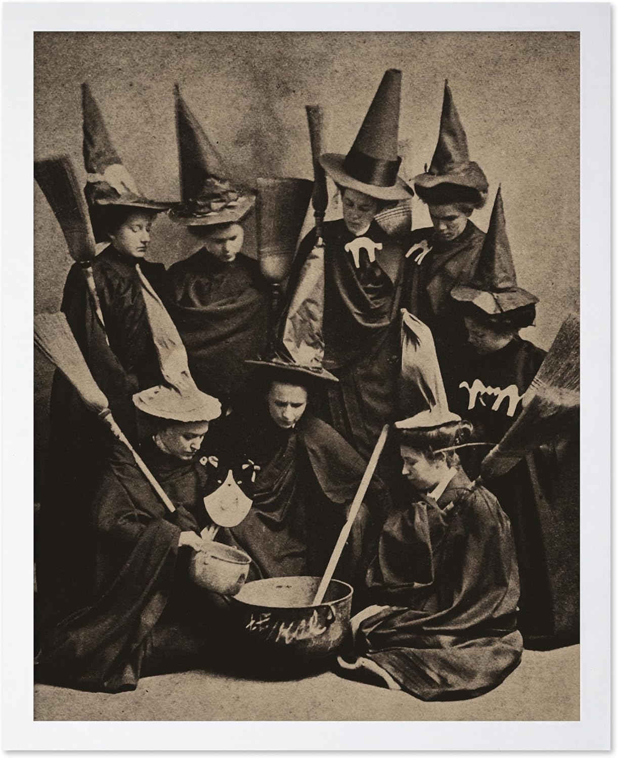 Poster Master Vintage Photograph Poster - Retro Halloween Print - Gift for Artist, Friend - Witches Cooking, Pointy Hats, Broomsticks, Black Magic - Wall Decor for Bedroom, 16x20 White Framed