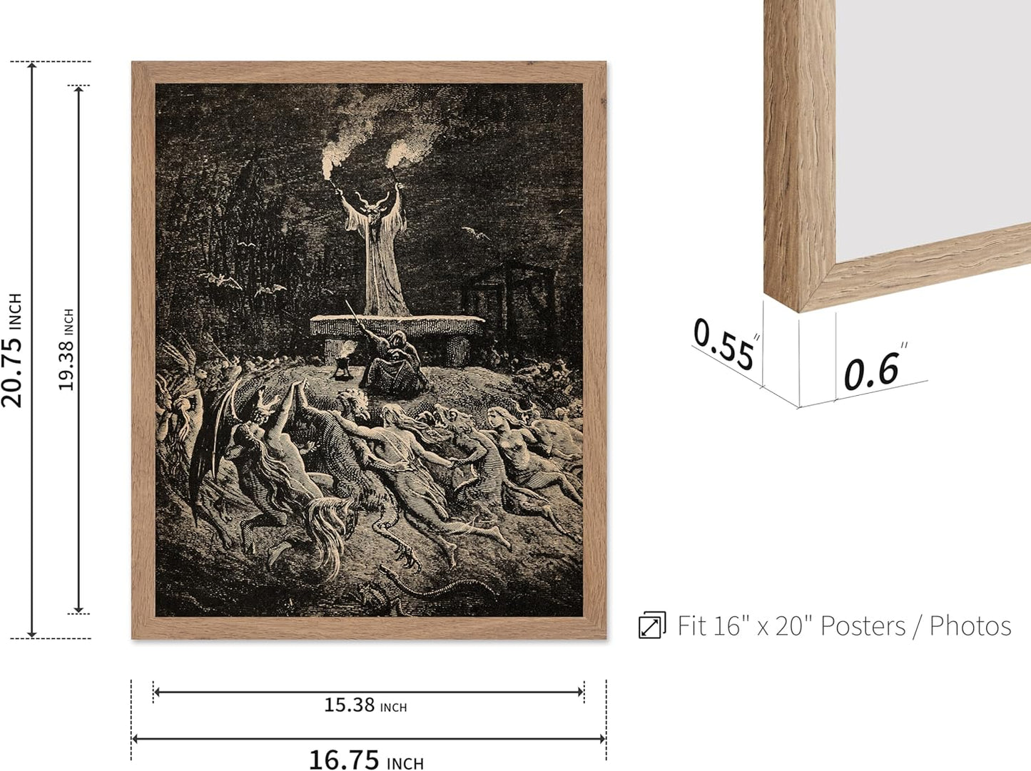 Poster Master Vintage Gustave Dore Poster - Retro Illustration Print - Gift for Gothic, Horror Fan - Dance of Sabbath, Witch, Magic, Spell - Wall Decor for Bedroom, Dorm, 16x20 Beige Framed