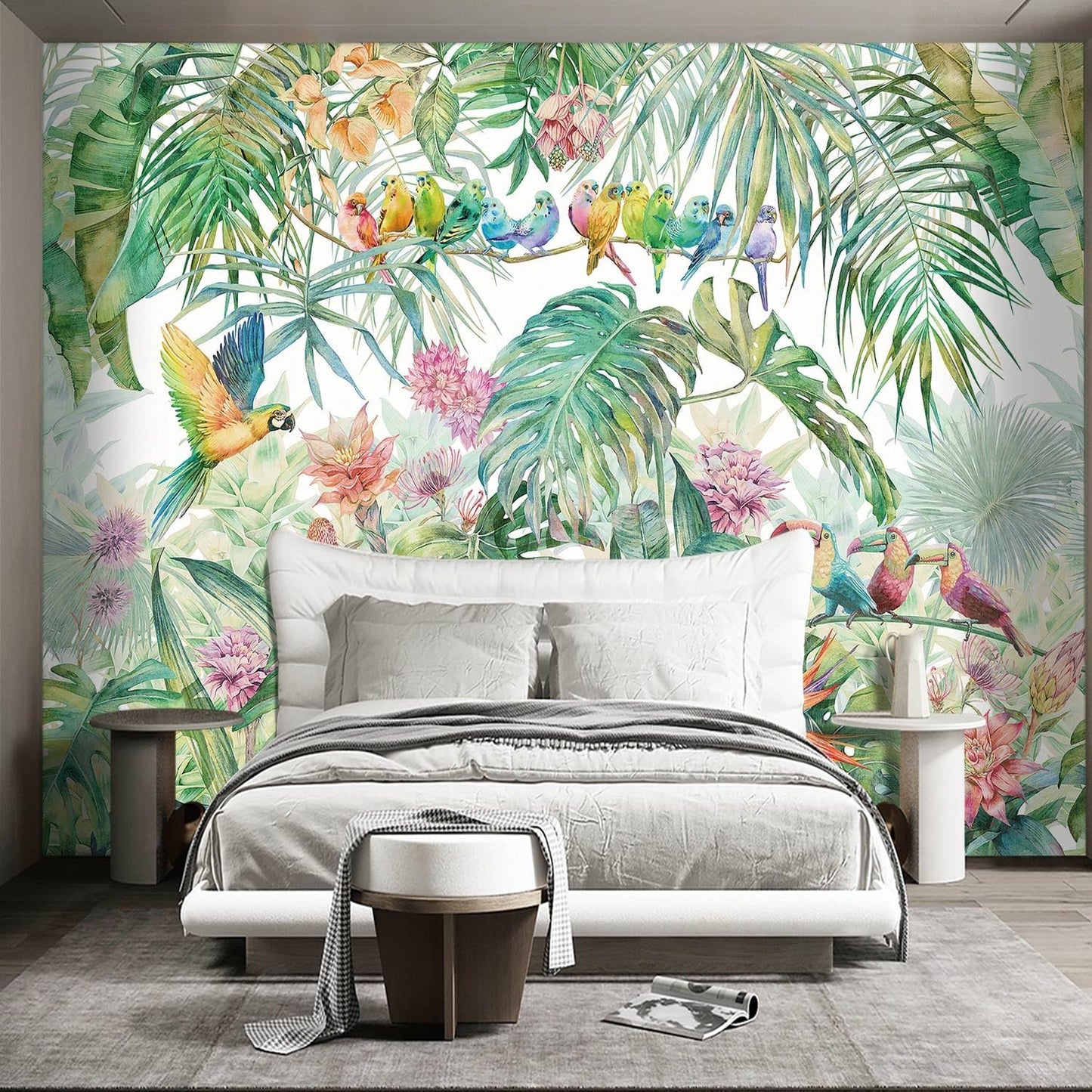 Tropical Green Botanical Flower Birds Leaf Wallpaper Bedroom Plant Floral Mural Room Decor Living Room tv Background Large Wall Mural - 137"x96" (Not Peel and Stick)