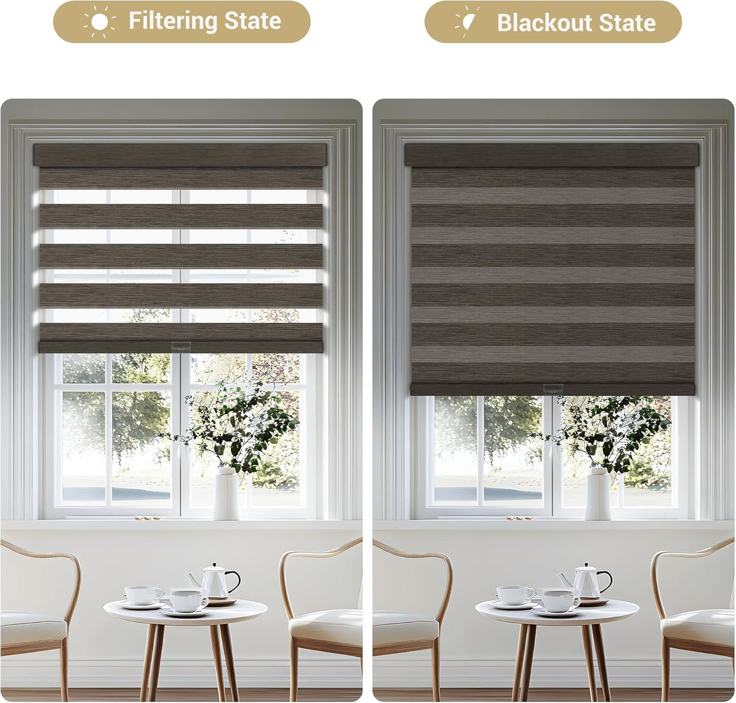 Cordless Zebra Blinds for Windows, Blackout Interior Blinds,Easy to Install,UV Protection,for Offices and Home,Custom Roller Shades, Mousse Dark Bown,69" W x 36" H