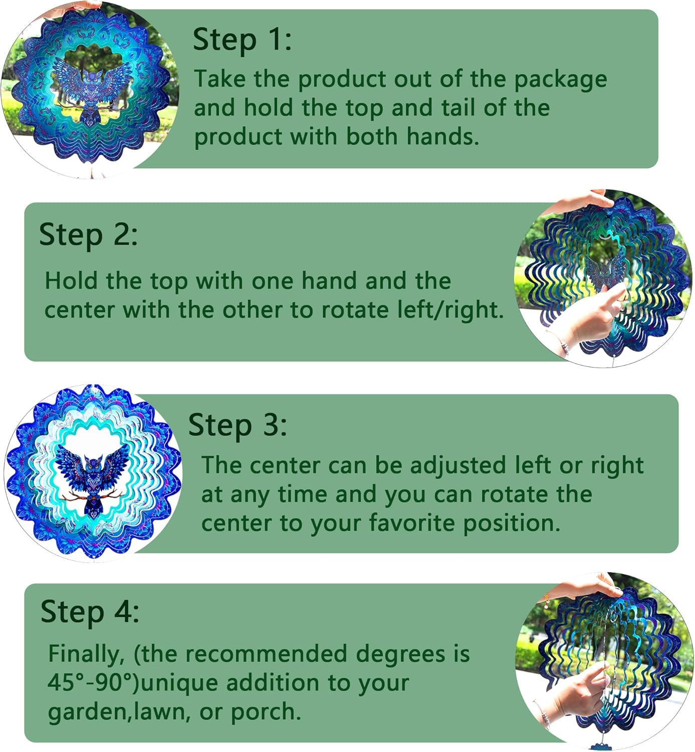 Owl Gifts for Women Men, Owl Hanging Wind Spinners Outdoor, 12Inch 3D Stainless Steel Reflective Wind Spinners Garden Decor