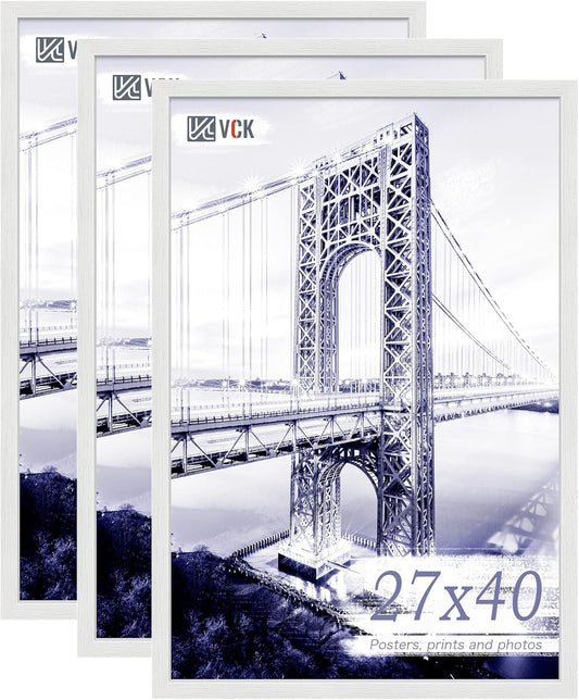 VCK 27x40 Solid Wood Poster Frames Set of 3, Exclusive Woodgrain White Picture Frame, Wall Mounting Hanging