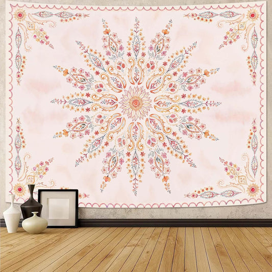 Fowocu Boho Floral Mandala Tapestry for Bedroom Aesthetic Pink Bohemian Flower Wall Tapestry Watercolor Hippie Indian Small Tapestries Wall Hanging for Living Room Dorm Decor 40 x 30 Inch