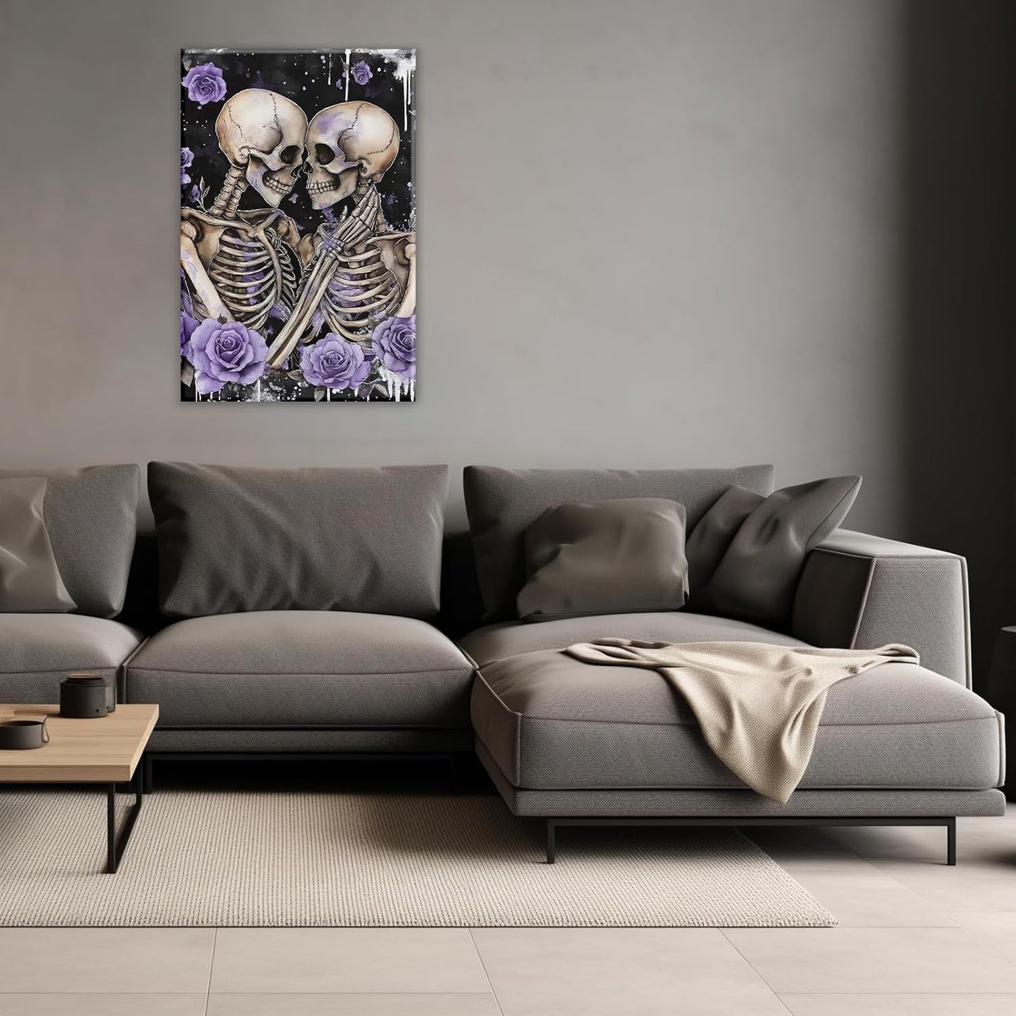 Skull Canvas Wall Art Couple Skeleton Holding Each Other Picture Art Poster Abstract Lover Painting Modern Artwork Horrible Halloween Decor(Artwork-2,24"x36")
