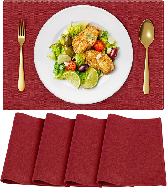 Cloth Placemats, Set of 4 Heat-Resistant Cotton Linen Blend Double Layered Machine Washable Place Mats, Wrinkle Free Thick Fabric Dining Table Mats for Indoors & Outdoors (Burgundy, 4)