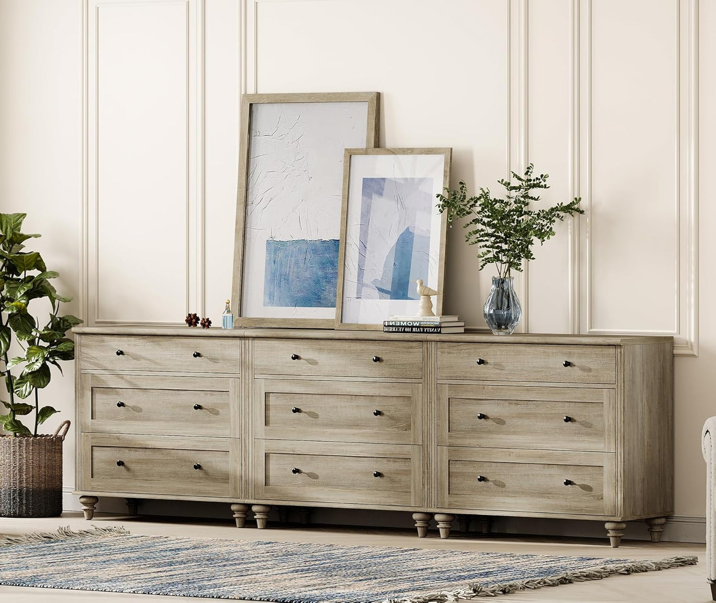 WAMPAT Dresser for Bedroom with 9 Drawers, Kids Dressers with Wide Chest of Drawers, Modern Wooden Closet Storage Organizer, Large Wood Dressers for Living Room, Nursery, Hallway, Rustic Oak