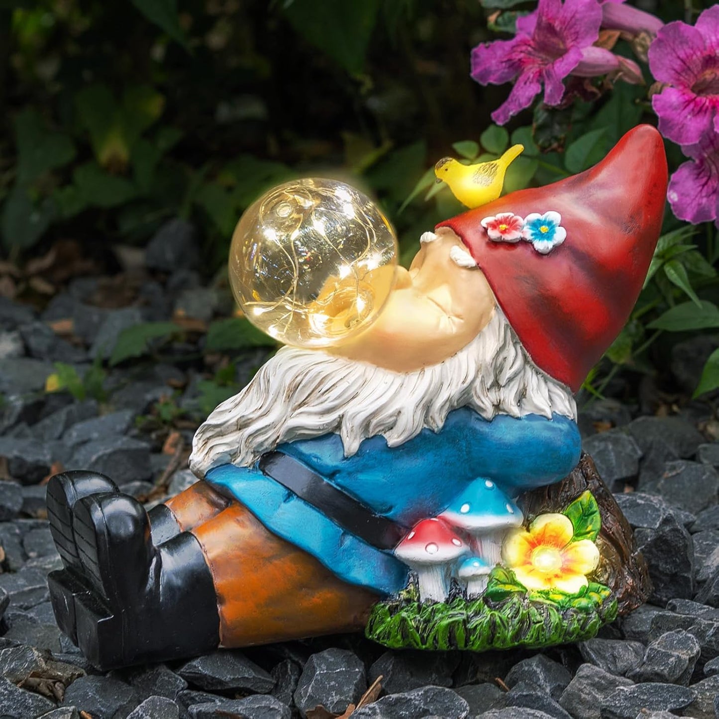 TIJNN Garden gnome Statue with Solar Lights. Funny Garden gnome Decorations for Your Yard, Outdoor Patio, Lawn, Gardens, Balcony or Home. Great Gift idea for Women and mums for Mother's Day.