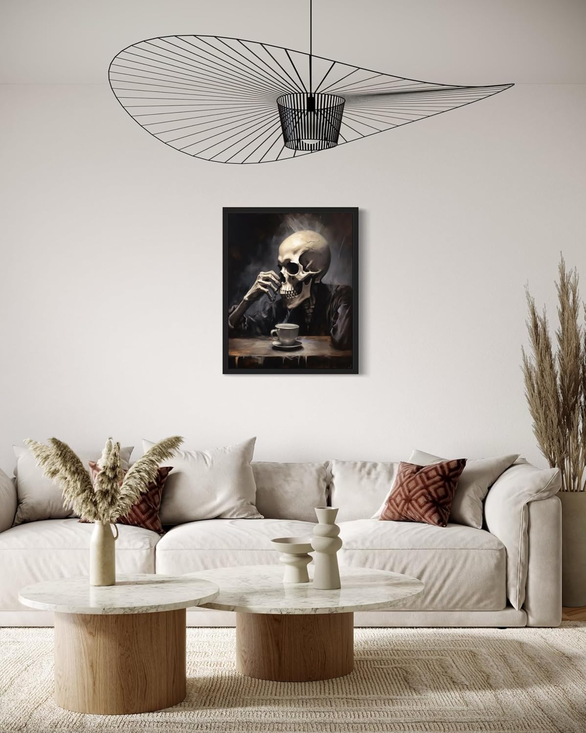 Skull Drinking Coffee Poster Art Print, Halloween Scary Vintage Wall Art Academia Spooky Painting Decoration for Horror Prints, Gothic Posters Bedroom Decor 89 (Skull Drinking Coffee, 11 x 14 inches, Black Frame)