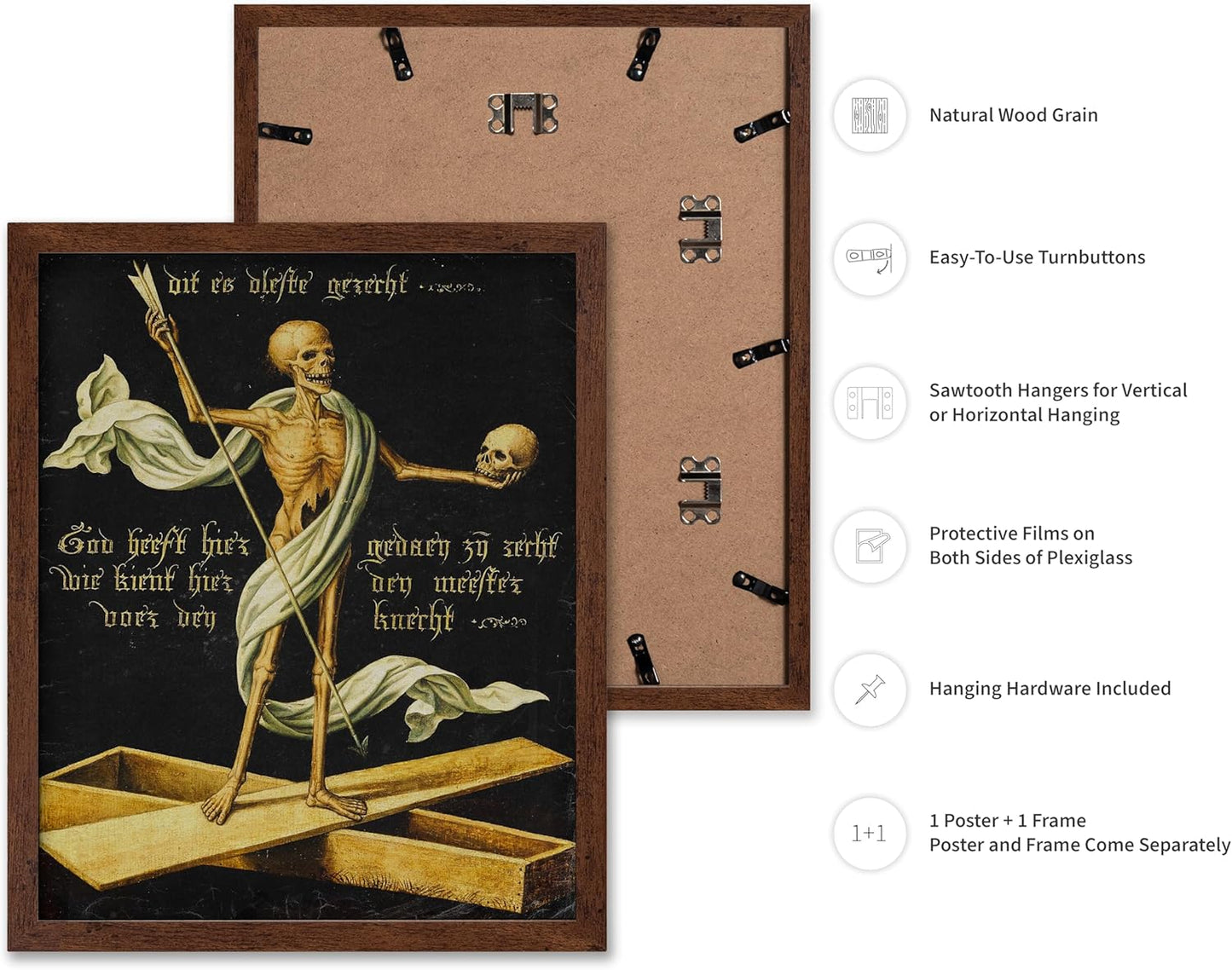 Poster Master Vintage Medieval Poster - Retro Gothic Print - Gift for Artist, Friend - Allegory of Life and Death, Skeleton, Dark, Skull - Wall Decor for Home, Living Room, 8x10 Brown Framed