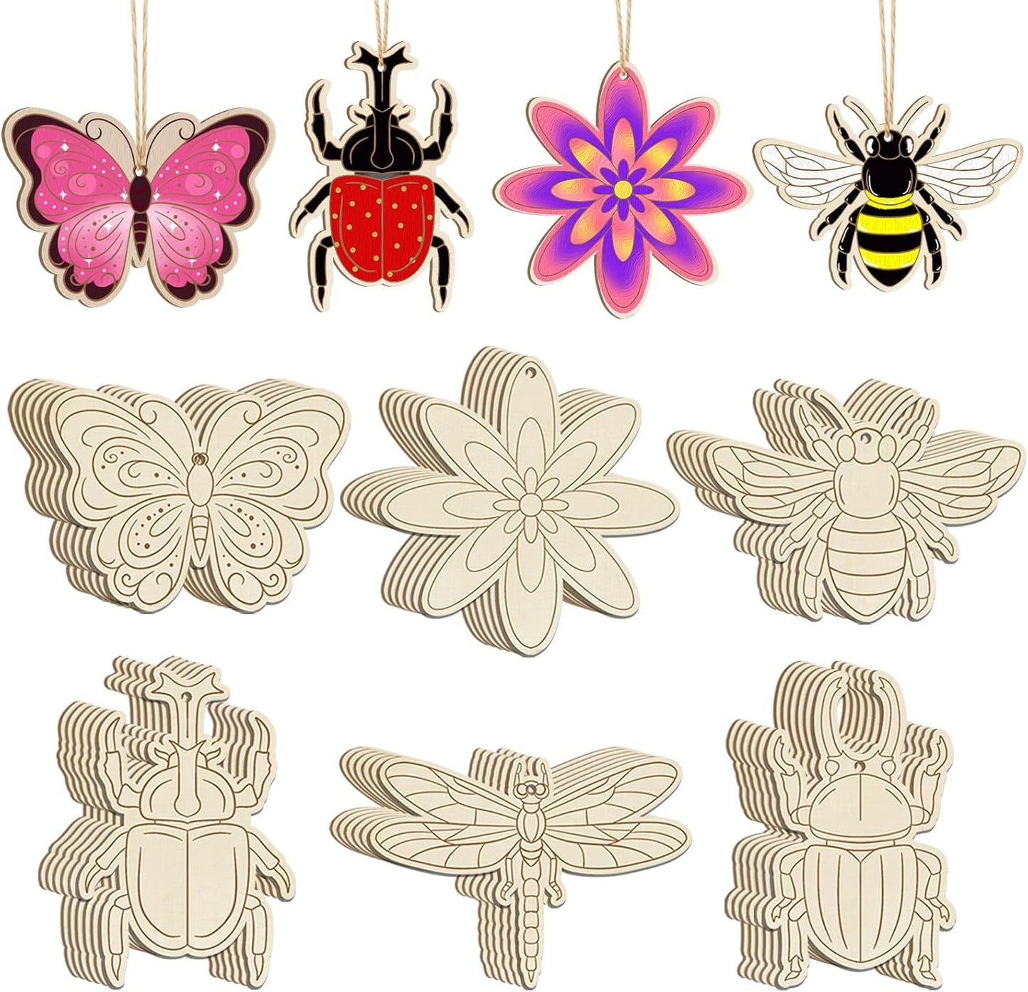 36PCS Wooden Spring Ornaments to Paint, 6 Styles DIY Blank Unfinished Wood Flower Cutouts Butterfly Ornament for Crafts Hanging Decorations, Cute Bee Flower Shape Home Decorations Gifts