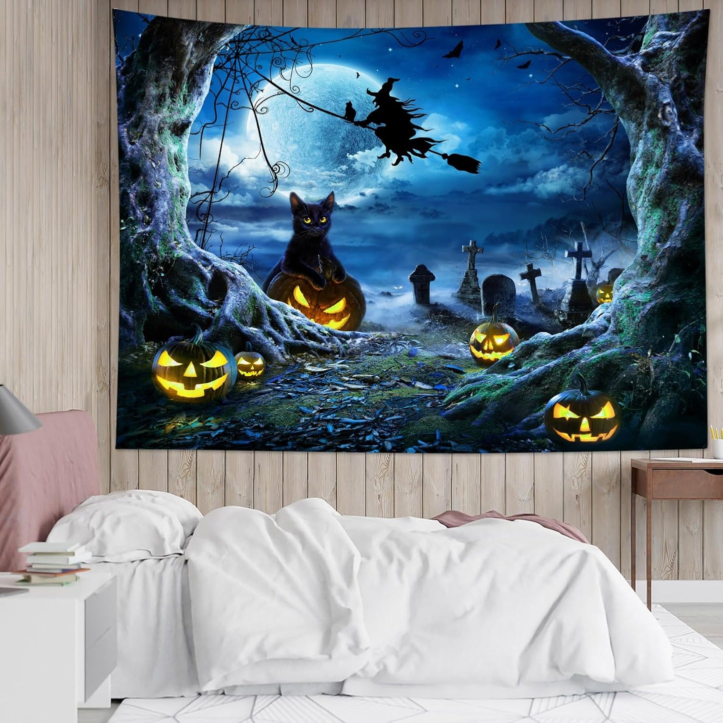 LB Halloween Wall Tapestry 59x51 Inch - Spooky Graveyard Scene with Witch, Black Cat, Pumpkin, Full Moon & Dead Tree Decor for Bedroom, Living Room, Dorm, Party