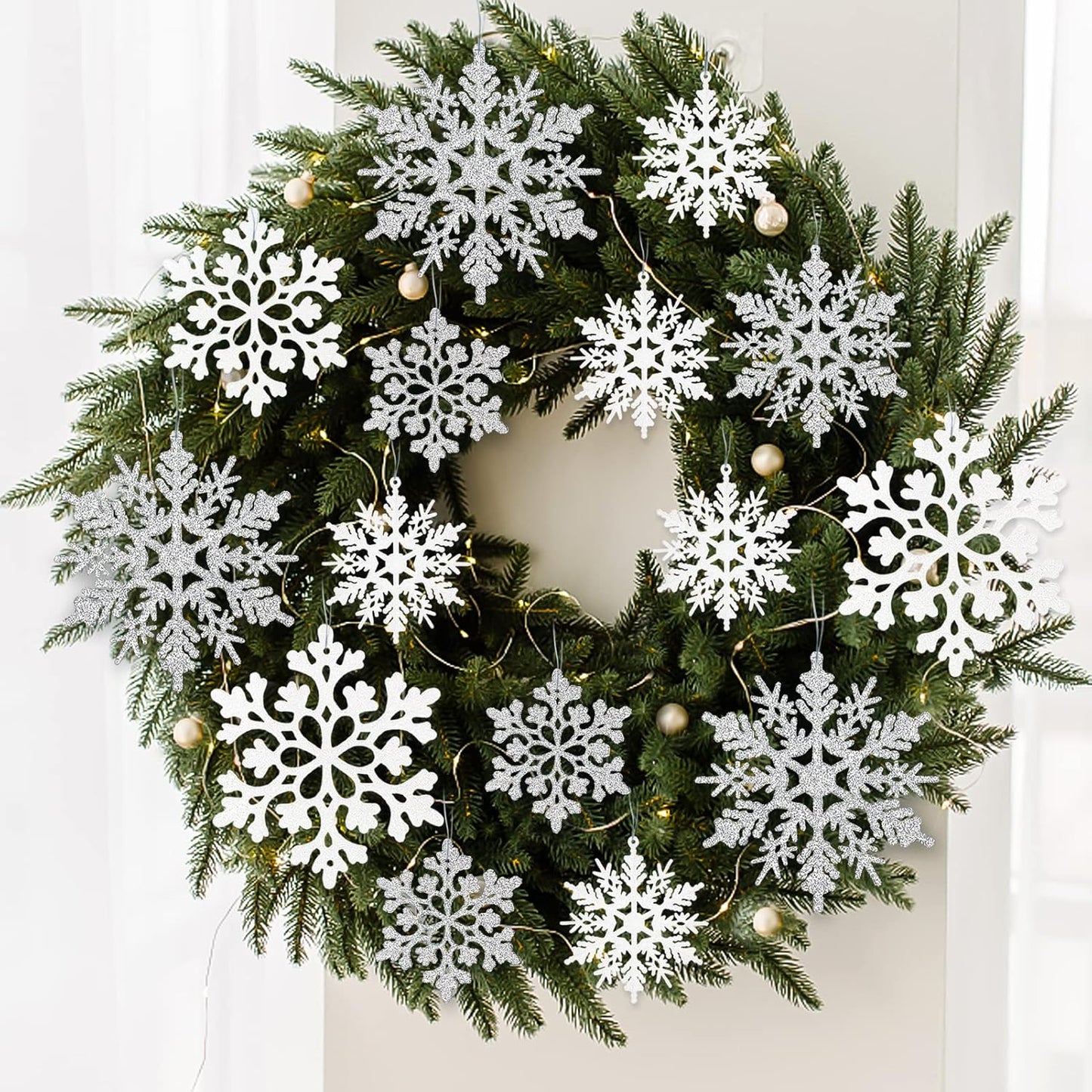 White and Silver Christmas Snowflake Ornaments- 36Pcs Plastic Glitter Hanging Snow Flakes for Christmas Tree Decorations Winter Wonderland Frozen Birthday Party Holiday Home Decor Craft Snowflakes