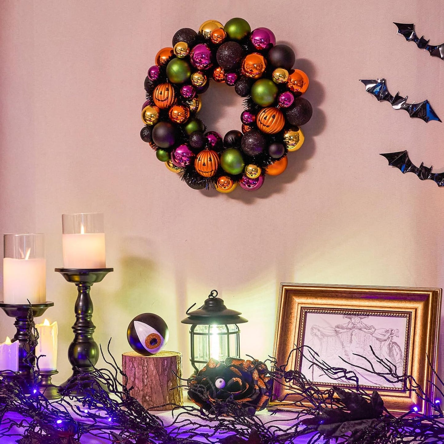 JORNOY 13inch Small Halloween Ball Wreath with Ghost&Pumpkin Accents - Seasonal Orange/Black Wall Hanging, Front Door, Mantel, Porch Decor for Home